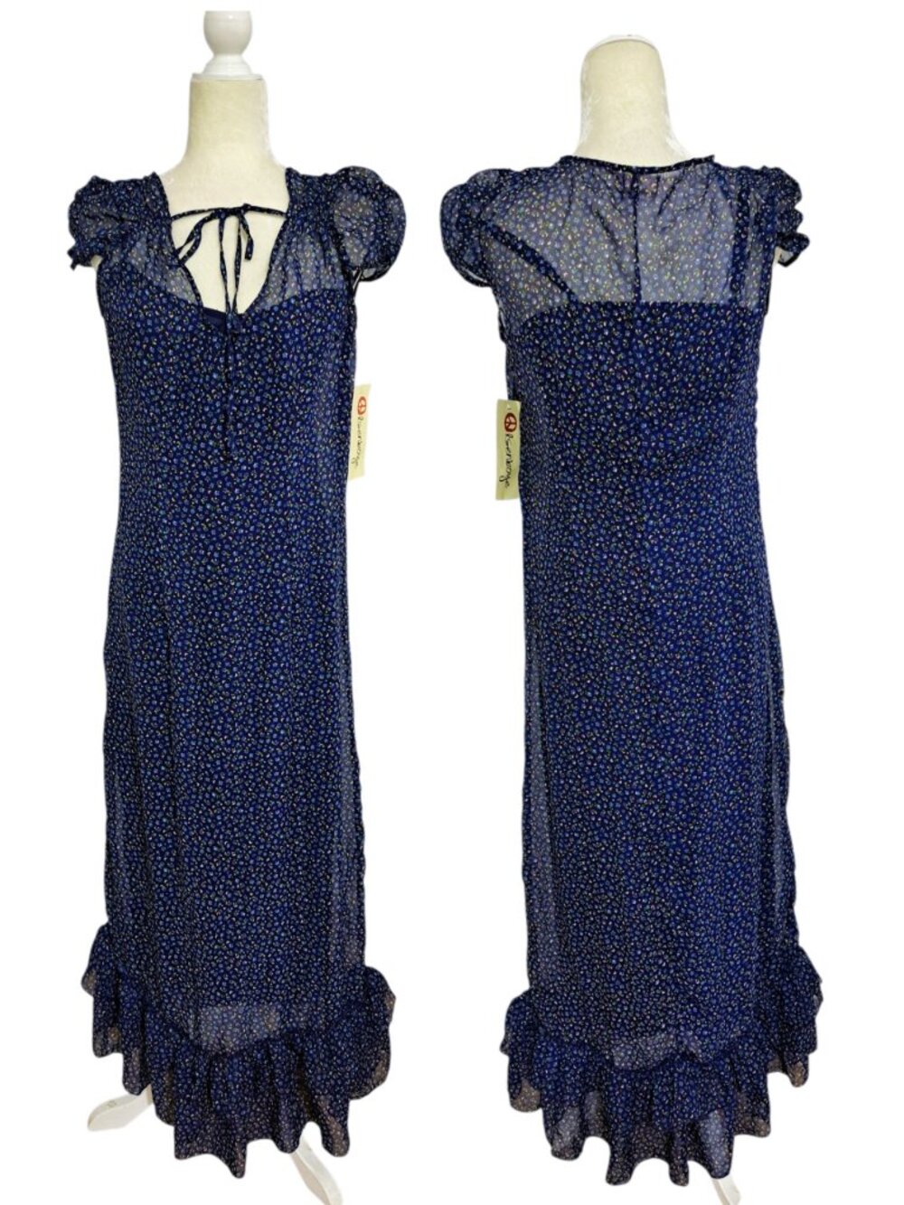 Olsenboye Women's Blue Boho Cap Sleeve Floral Maxi Dress Y2K Sz Large